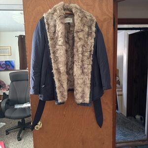 Halston Heritage Navy Teddy Jacket with Faux Fur